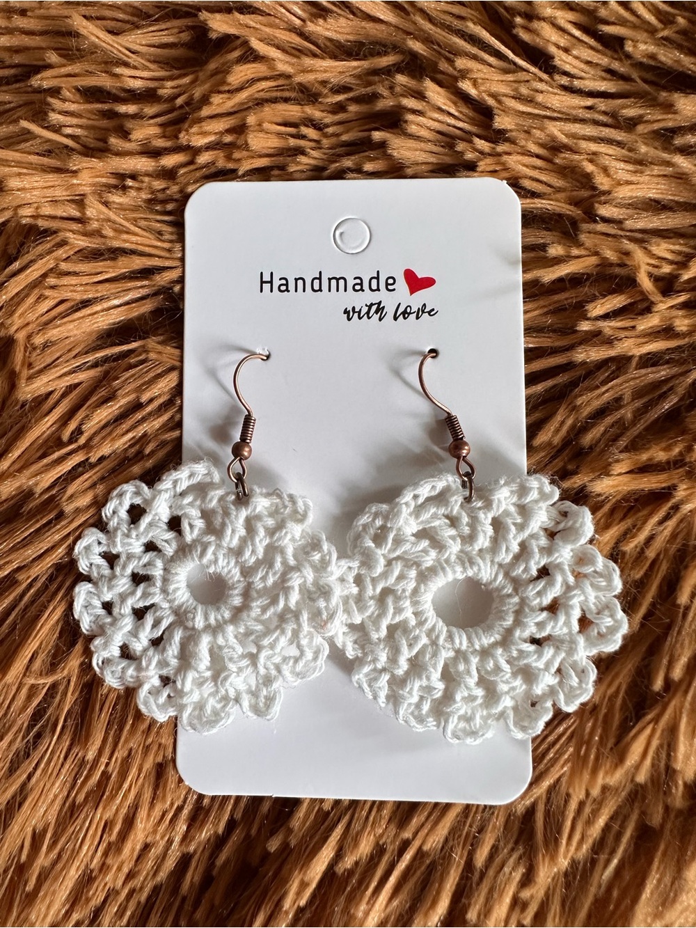 Handmade White Crochet Floral Drop Earrings by